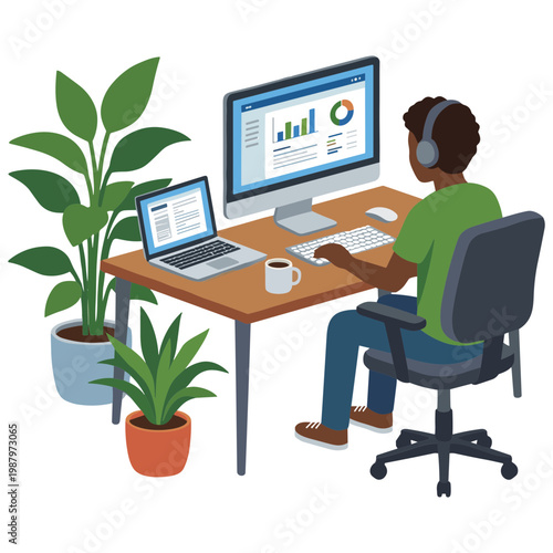 Man works on computer with laptop plants nearby in office