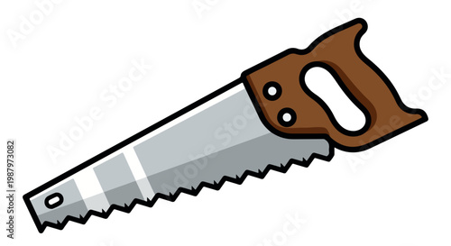Illustrated hand saw with wooden handle and serrated steel blade ready for carpentry projects on a white background