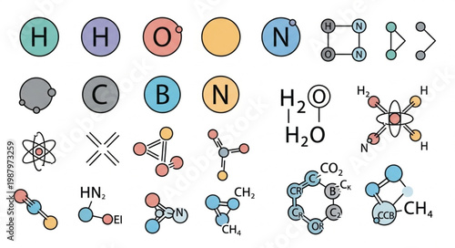 Collection of Chemical Formulas and Atomic Structures.
