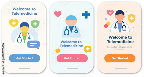 Telemedicine onboarding mobile app screens healthcare UI flat vector.