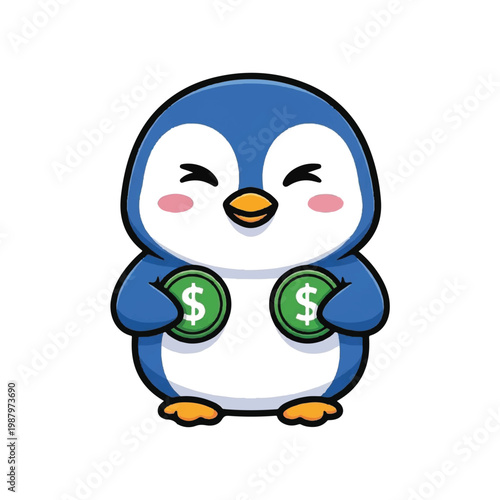 Cute cartoon penguin with coins.