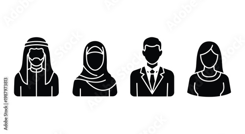 Four stylized figures representing people in traditional arabic clothing