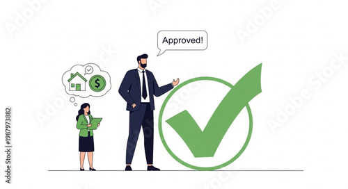 Business people celebrating loan approval with large checkmark.