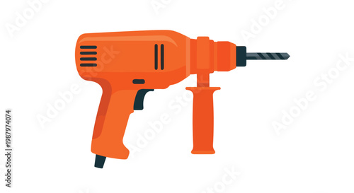 Orange handheld power drill with metal chuck and twist drill bit on white background, compact DIY tool