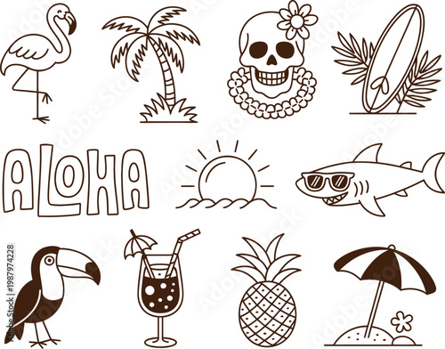 Vector outline and solid icons set of tropical hawaiian beach elements including flamingo skull surfboard pineapple for summer designs with palm tree