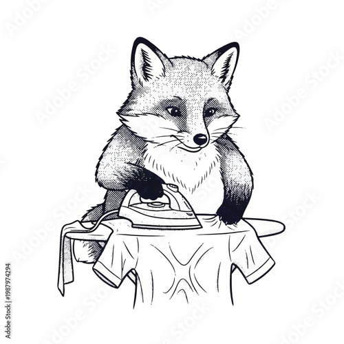 Fox using an iron on table.