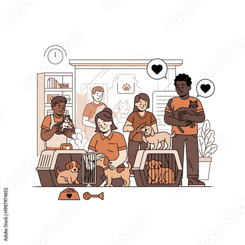 A diverse group of people happily interacting with various animals, including puppies, kittens, and adult dogs, in what appears to be an animal shelter or adoption center.