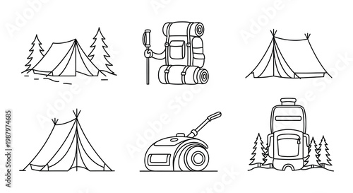 Line art illustration of camping equipment including tents and backpacks