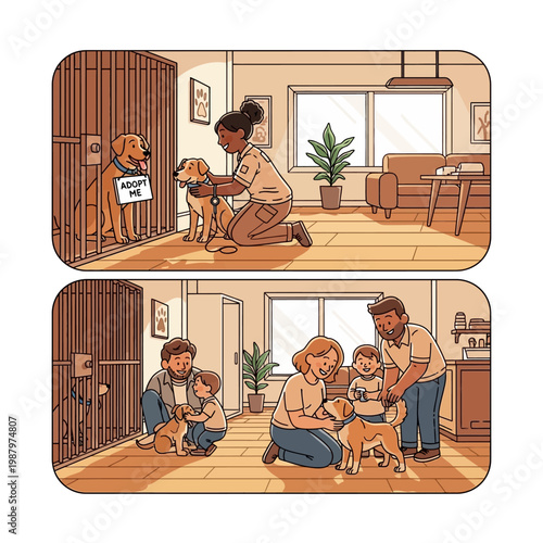 A dog in a shelter cage with an "Adopt Me" sign is chosen by a loving family.