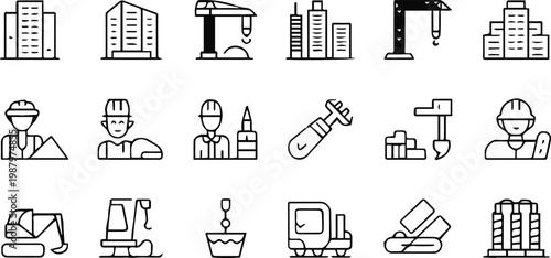 construction line icons building site equipment vehicles and workers
