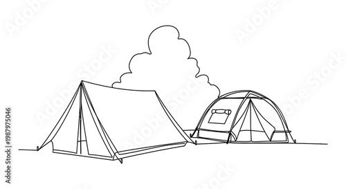 Line art illustration of camping equipment including tents and backpacks