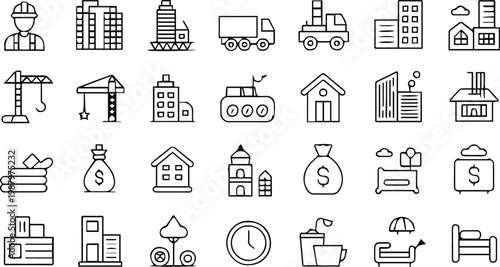 construction business logistics icon pack furniture money tools