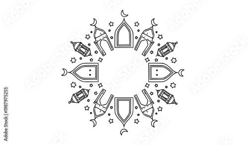 Ramadan Islamic line art vector with lantern and arch circular frame in minimal elegant design