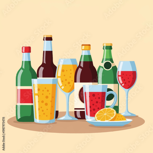 Vector illustration of a diverse collection of beverages including beer bottles, wine bottles, a pint glass, wine glasses with red and white wine, and a mug of punch with an orange slice garnish.