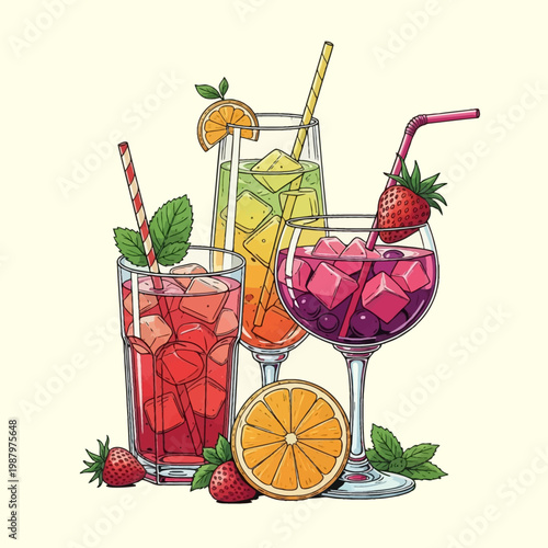 Vector illustration of three glasses containing colorful fruit drinks with ice cubes and straws, garnished with fresh strawberries, orange slices, and mint leaves on a light background.
