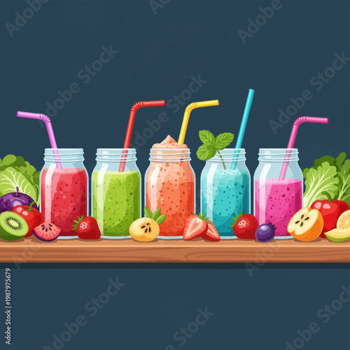 Vector illustration of five colorful fruit and vegetable smoothies in mason jars with straws, arranged in a row on a wooden shelf with fresh ingredients like strawberries and kiwi.