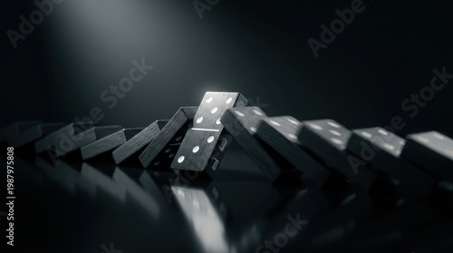 Domino collapse chain reaction risk economic recession global crisis instability Domino collapse chain reaction risk economic recession global crisis signals instability dark reflective surface