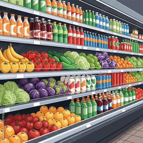 Vector illustration of organized grocery store shelves stocked with fresh produce including bananas, tomatoes, and cabbage, alongside rows of bottled beverages, juices, and water in a retail display.
