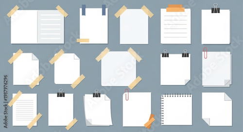 Collection of Blank Paper Notes Attached with Tape and Clips.