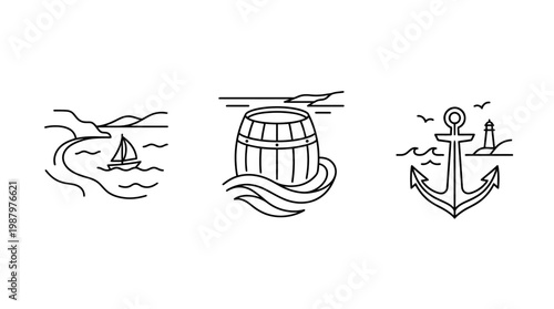 Minimalist Nautical Icons Set Sea Barrel Anchor and Lighthouse