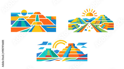 Geometric Aztec Pyramid Set with Sunrise Designs