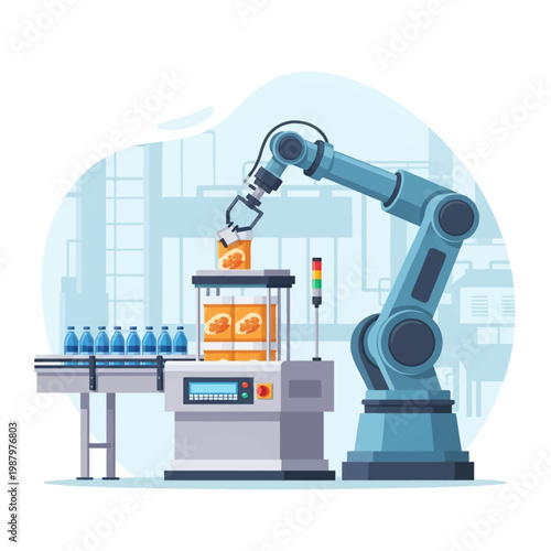 Industrial robotic arm performing automated packaging and assembly tasks on a production conveyor line with bottled products and boxed goods in a modern smart factory.