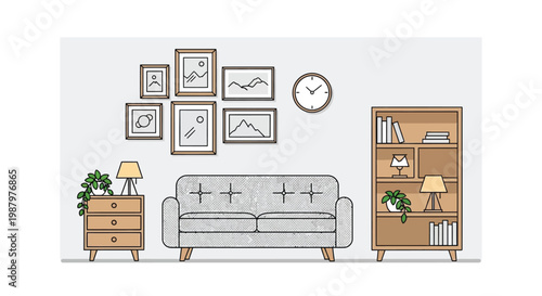 A cozy living room interior features a gray sofa wall art a bookshelf and decorative elements