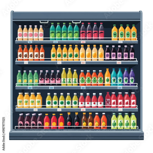 Flat vector illustration of a supermarket refrigerator display case filled with rows of colorful bottled beverages, fruit juices, and sodas arranged on retail store shelves.