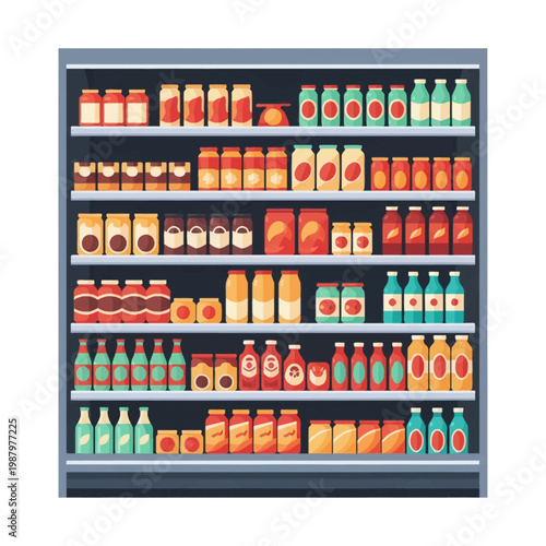 Vector illustration of a supermarket display shelf unit stocked with various colorful glass jars, bottles of sauces, condiments, and preserved food products in flat design style.