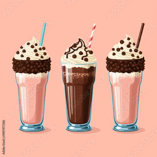 Three tall glasses featuring strawberry and chocolate milkshakes topped with whipped cream, chocolate chips, and syrup drizzles, set against a solid peach pink background.