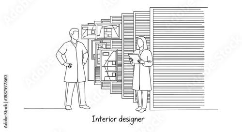An interior designer collaborates with a client reviewing plans amidst stacked architectural blueprints