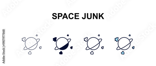 space junk multi-style outline icon set - astronomy concept. Thin line, regular, filled, colored space junk icon