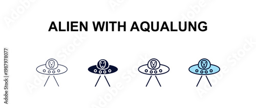 alien with aqualung multi-style outline icon set - astronomy concept. Thin line, regular, filled, colored alien with aqualung icon