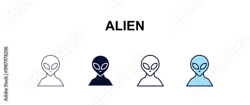 alien multi-style outline icon set - astronomy concept. Thin line, regular, filled, colored alien icon