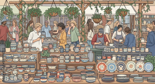 Busy outdoor market stall with many people shopping for pottery and plants.