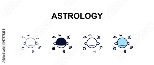 astrology multi-style outline icon set - astronomy concept. Thin line, regular, filled, colored astrology icon