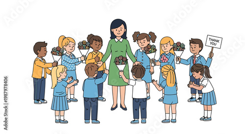 Teacher and students in a circle holding hands and flowers symbolizing friendship and kindness in education
