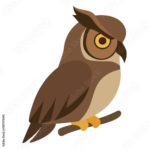 Brown owl perched on a branch. Illustration representing the owl chronotype characterized by sleep habits. Wildlife and nature concept with stylized avian predator for design