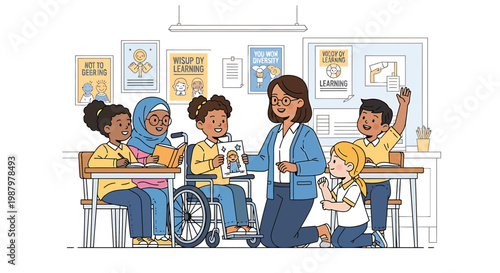 Diverse students in classroom with teacher inclusive education learning school kids with disability wheelchair happy colorful flat vector illustration