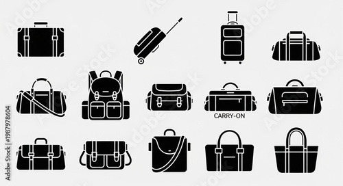 Collection of various travel bags and luggage icons.