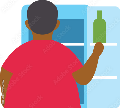 Overweight man opening refrigerator door, choosing a beverage