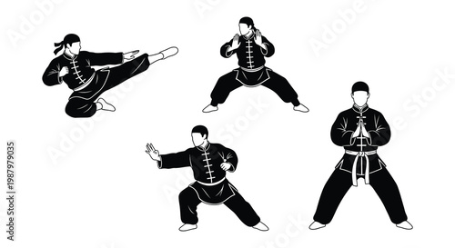Line art illustration depicting four figures practicing martial arts poses
