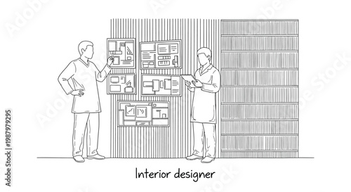 Two men discuss interior design plans reviewing sketches and layouts near a bookshelf