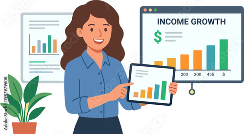 Businesswoman presents income growth data on tablet and screen