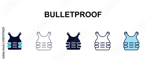 bulletproof multi-style outline icon set - army and milatry concept. Thin line, regular, filled, colored bulletproof icon