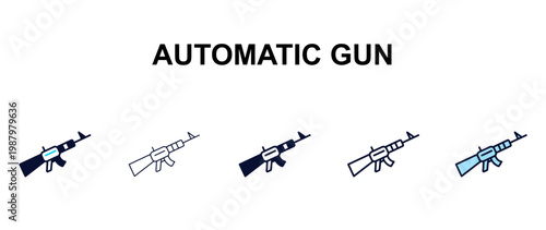 automatic gun multi-style outline icon set - army and milatry concept. Thin line, regular, filled, colored automatic gun icon