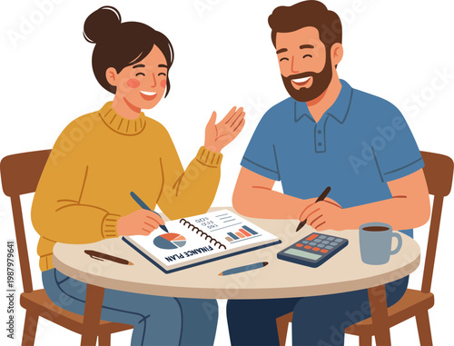 Woman and man discussing business charts at a table with calculator