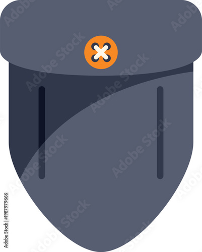 Blue clothing pocket with flap and orange button, presented in a flat design style