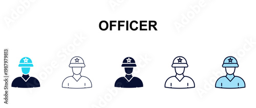 officer multi-style outline icon set - army and milatry concept. Thin line, regular, filled, colored officer icon