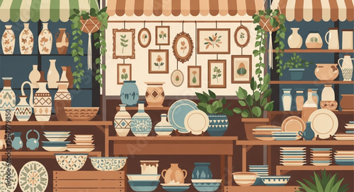 Charming Pottery Shop Display with Vases and Plates.